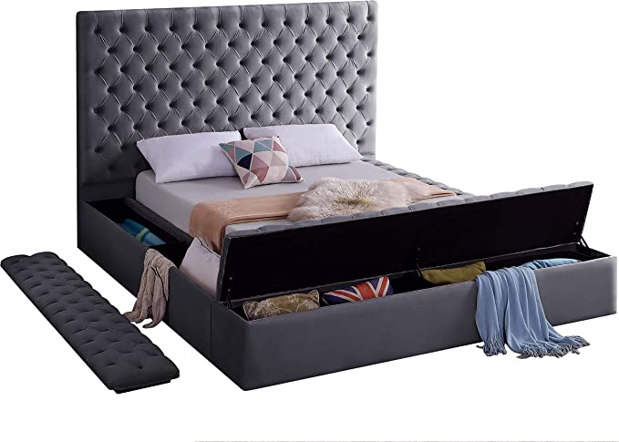 Meridian Furniture Bliss Collection Modern | Contemporary Velvet Upholstered Bed with Deep Button Tufting and Storage Compartments in Rails and Footboard, Gray, Queen