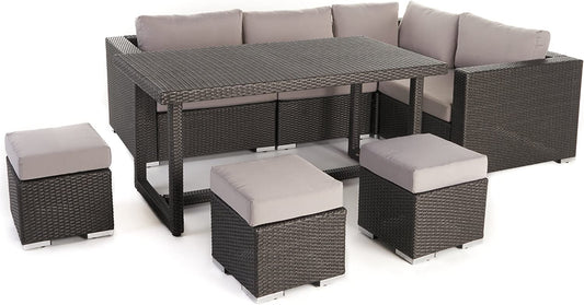 Christopher Knight Home Santa Rosa Outdoor 7-Seater Dining Sofa and Ottoman Set with Aluminum Frame and Water Resistant Cushions, Grey / Silver Cushions